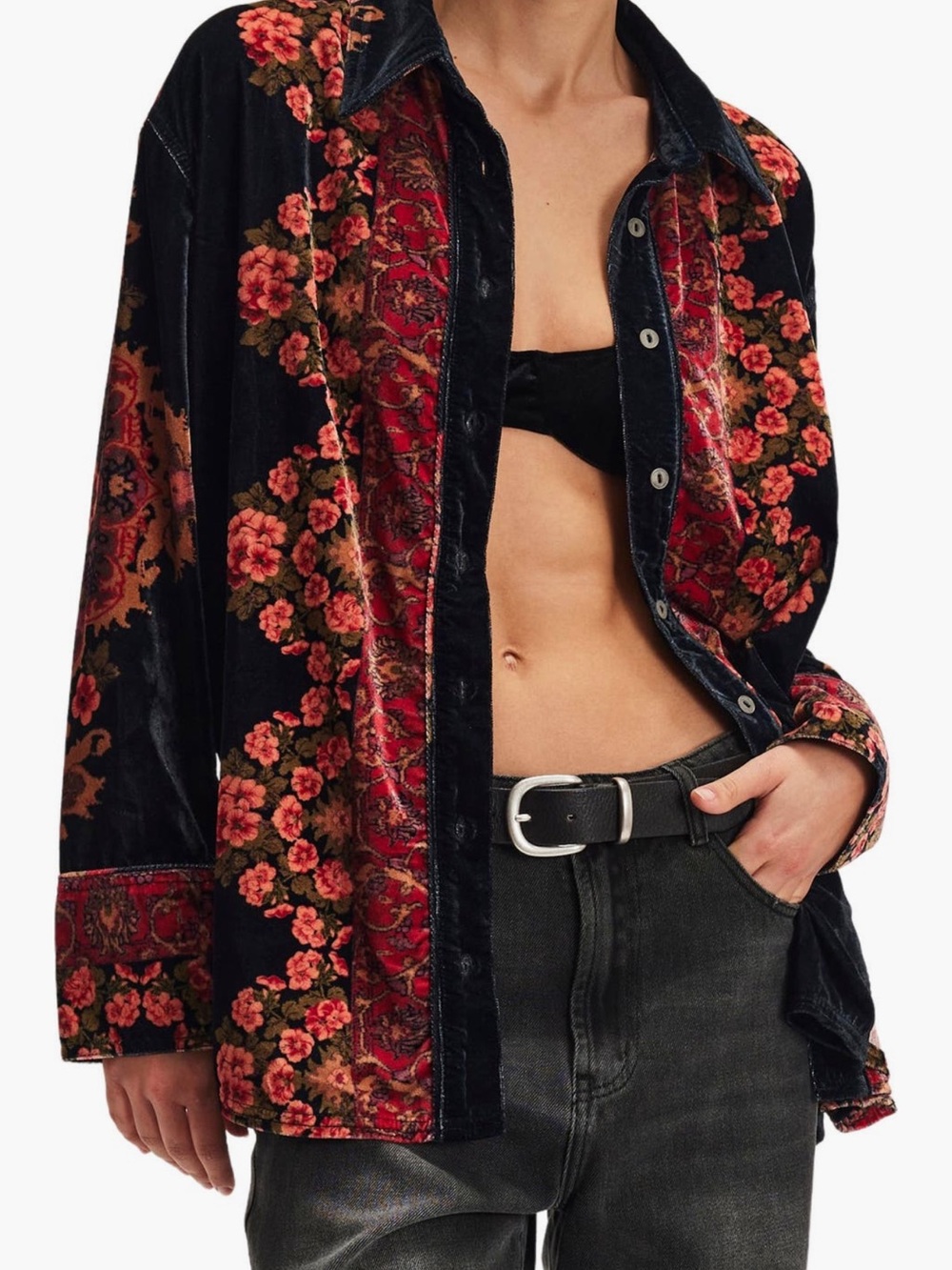 Free People Black Velvet Button-Front Shirt with Red Floral Embroidery $198